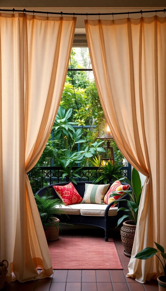 15 Small Balcony Decoration Hacks That Maximize Charm (You’ll Be Surprised by #4!) - 14. Outdoor Curtains: Add Privacy and Style