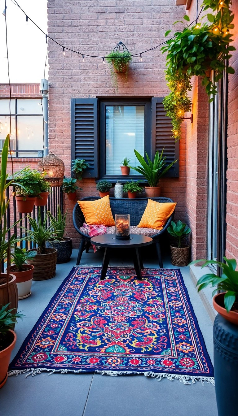 15 Small Balcony Decoration Hacks That Maximize Charm (You’ll Be Surprised by #4!) - 6. Outdoor Rugs: Define Your Space