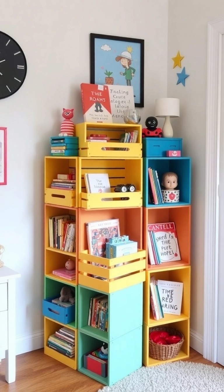 16 Fun Storage Space Hacks for Kids' Rooms That Parents Will Love! - 3. Repurposed Crates for Playful Shelving