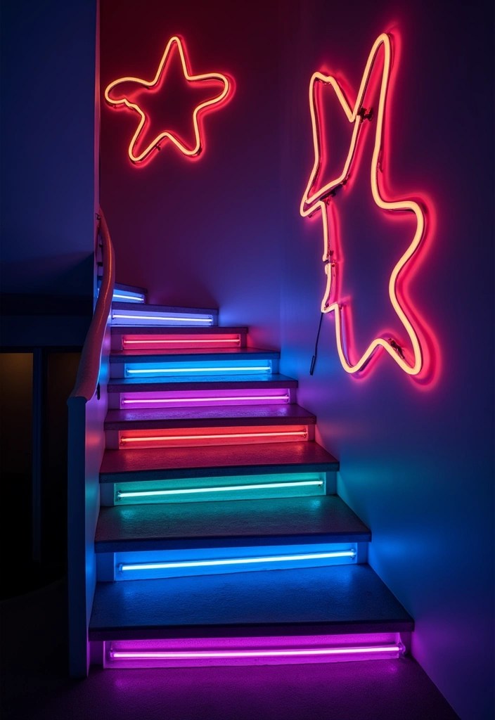 16 Staircase Lighting Ideas That Will Create a Magical Atmosphere (You’ll Love #4!) - 11. Neon Lights