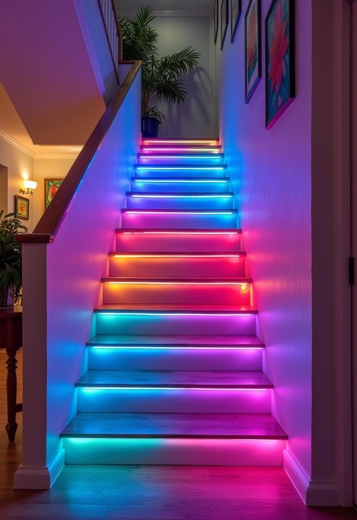 16 Staircase Lighting Ideas That Will Create a Magical Atmosphere (You’ll Love #4!) - 7. Color-Changing Lights