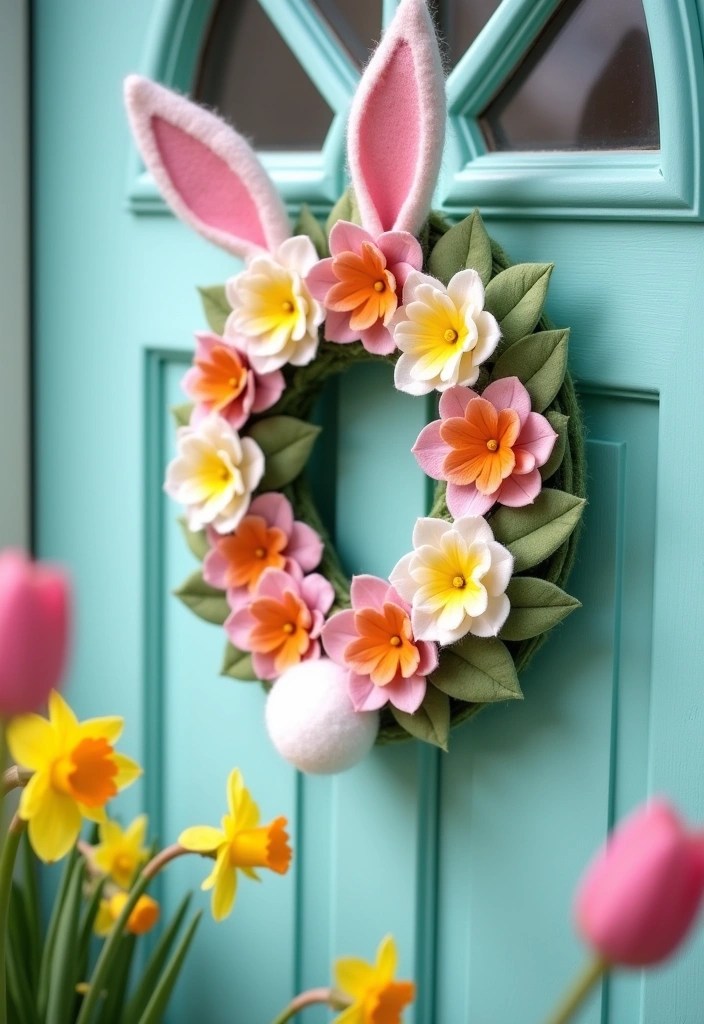 16 Budget-Friendly Easter Door Hanger Ideas That Look Amazing (You’ll Love #10!) - 1. Whimsical Bunny Wreath