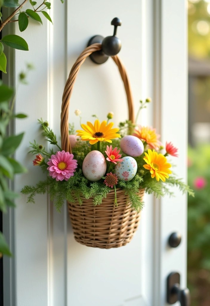 16 Budget-Friendly Easter Door Hanger Ideas That Look Amazing (You’ll Love #10!) - 3. Floral Basket Hanger