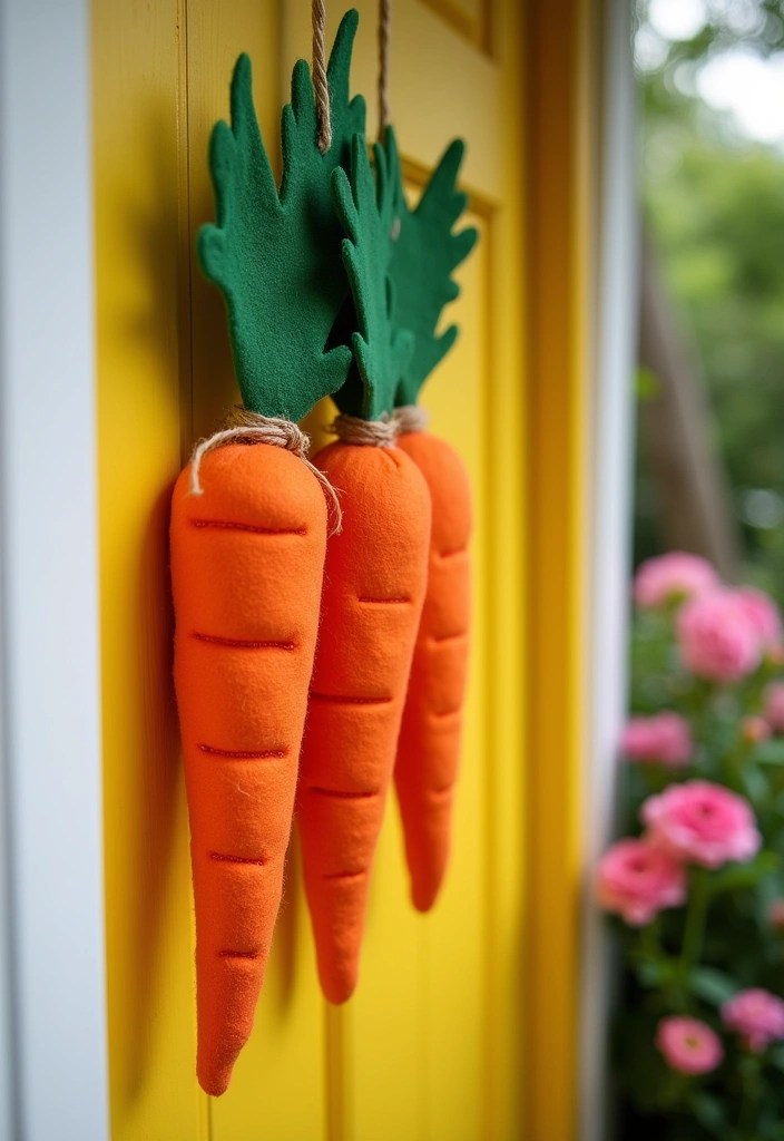 16 Budget-Friendly Easter Door Hanger Ideas That Look Amazing (You’ll Love #10!) - 8. Hanging Carrot Bunch