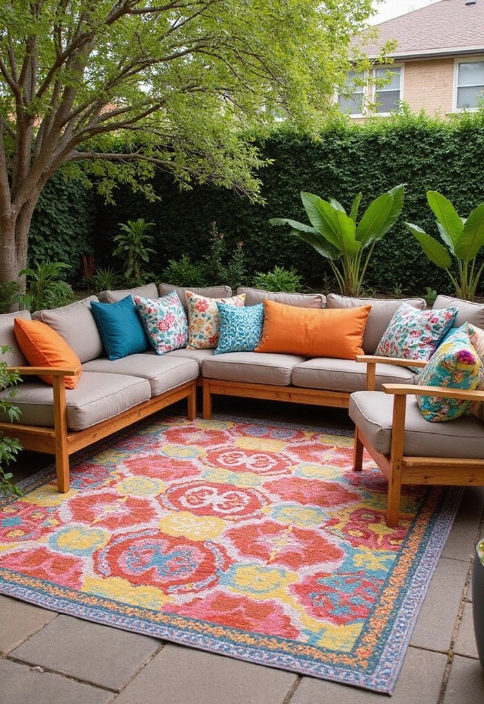 22 Backyard Decoration Ideas That’ll Make You Want to Live Outside Year-Round! - 14. Colorful Outdoor Rugs