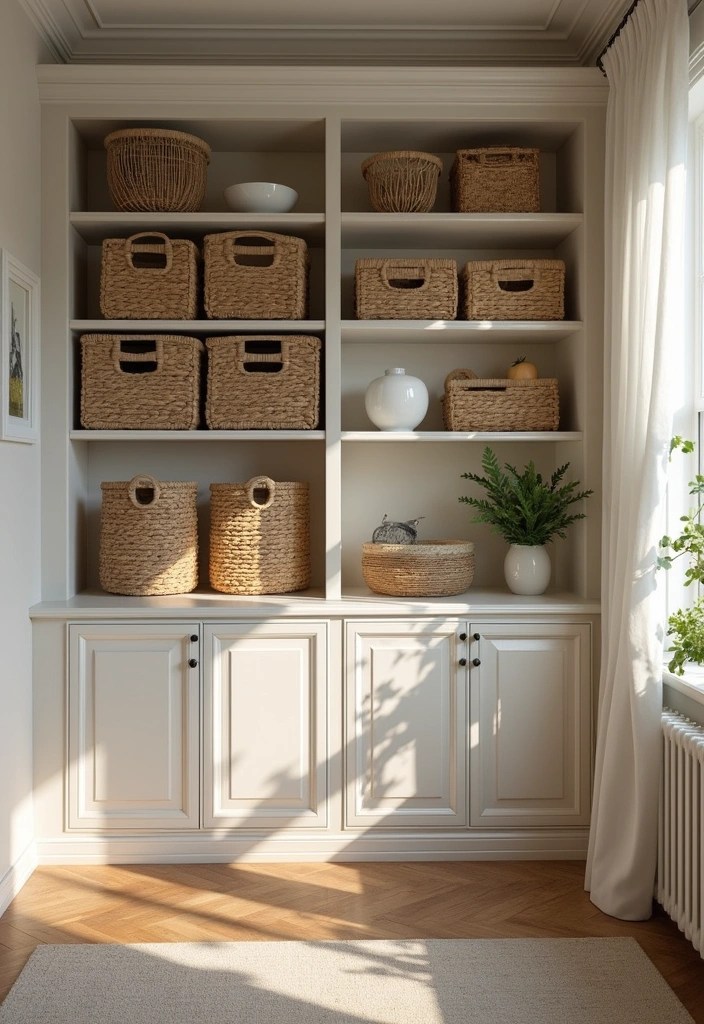 12 Space-Saving Minimalist Cabinets for Small Homes (You’ll Love #3!) - 12. Stylish Storage Baskets in Cabinets