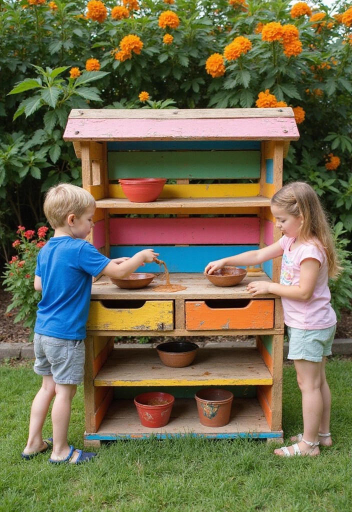 15 Creative Mud Kitchen Designs That'll Inspire Outdoor Play Like Never Before! - 2. Colorful Pallet Play