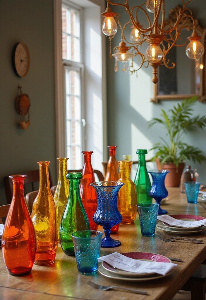 18 Bohemian Dining Table Centerpieces That Will Make Your Heart Sing (Don’t Miss #4!) - 10. Brightly Colored Glassware