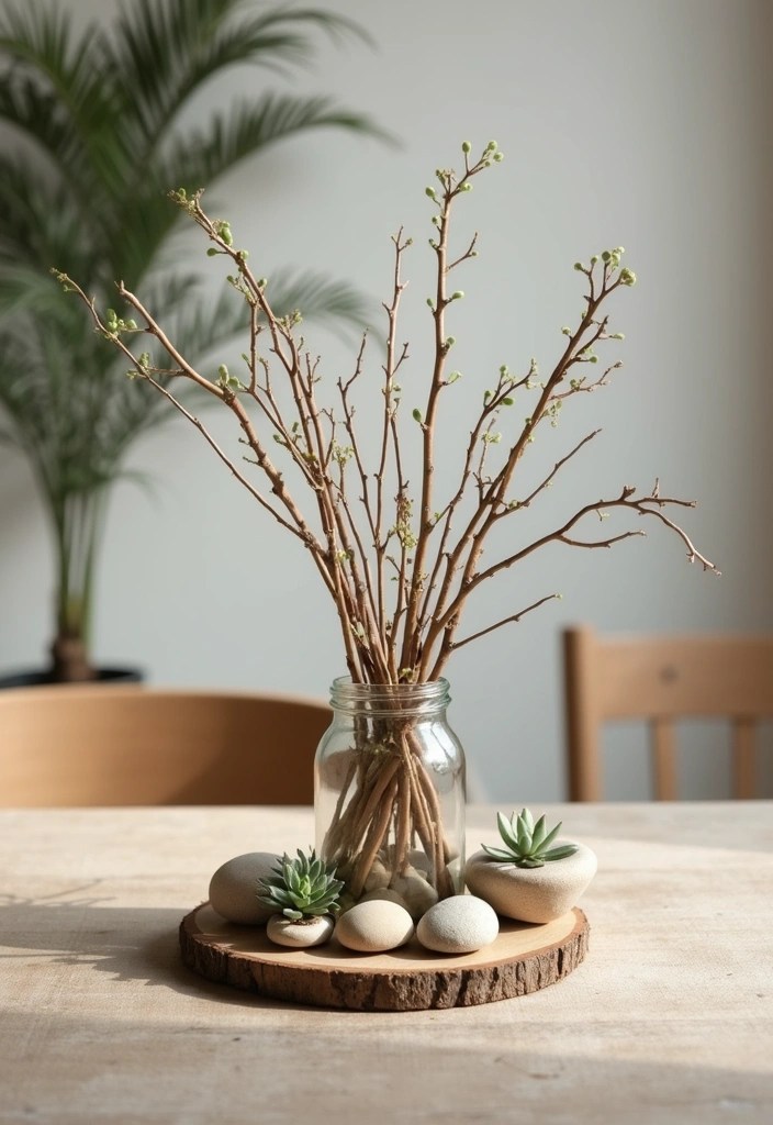 18 Bohemian Dining Table Centerpieces That Will Make Your Heart Sing (Don’t Miss #4!) - 11. Nature-Inspired Sticks and Stones