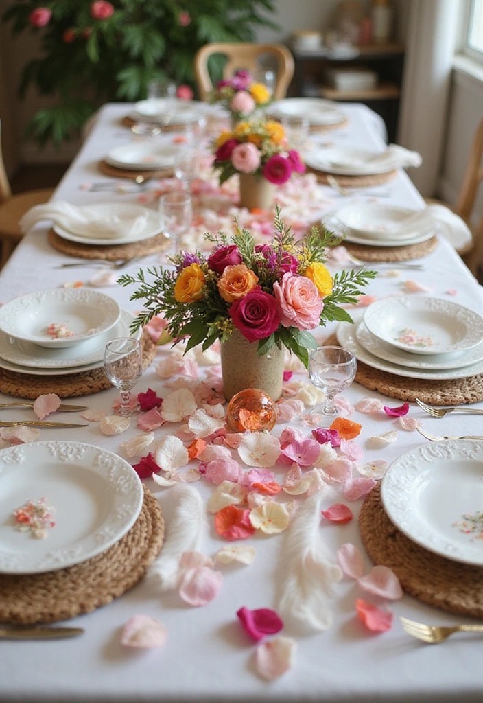 18 Bohemian Dining Table Centerpieces That Will Make Your Heart Sing (Don’t Miss #4!) - 14. Whimsical Petals and Feathers