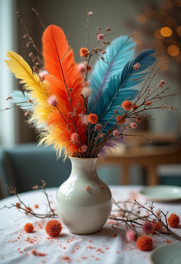 18 Bohemian Dining Table Centerpieces That Will Make Your Heart Sing (Don’t Miss #4!) - 7. Bohemian Feather Arrangement