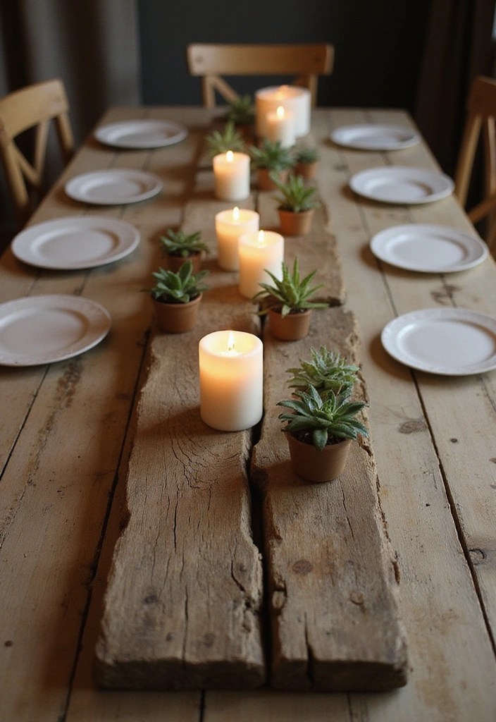 18 Bohemian Dining Table Centerpieces That Will Make Your Heart Sing (Don’t Miss #4!) - 8. Rustic Wood Plank Centerpiece