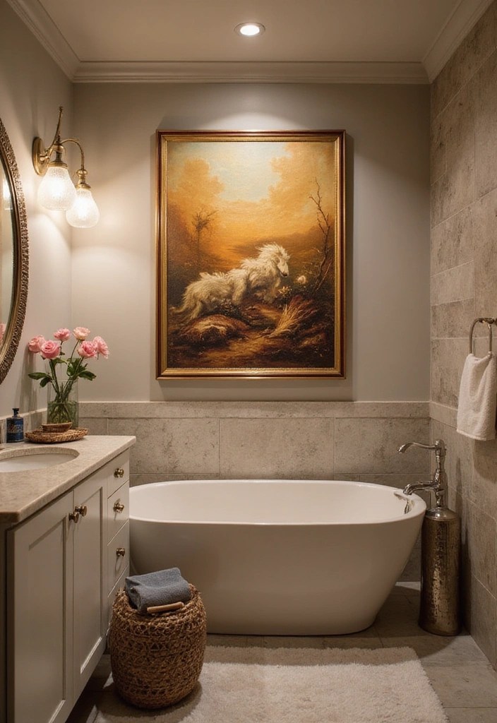 18 Elegant Bathroom Lighting Styles That Will Elevate Your Decor Game! - 18. Statement Wall Art Lights