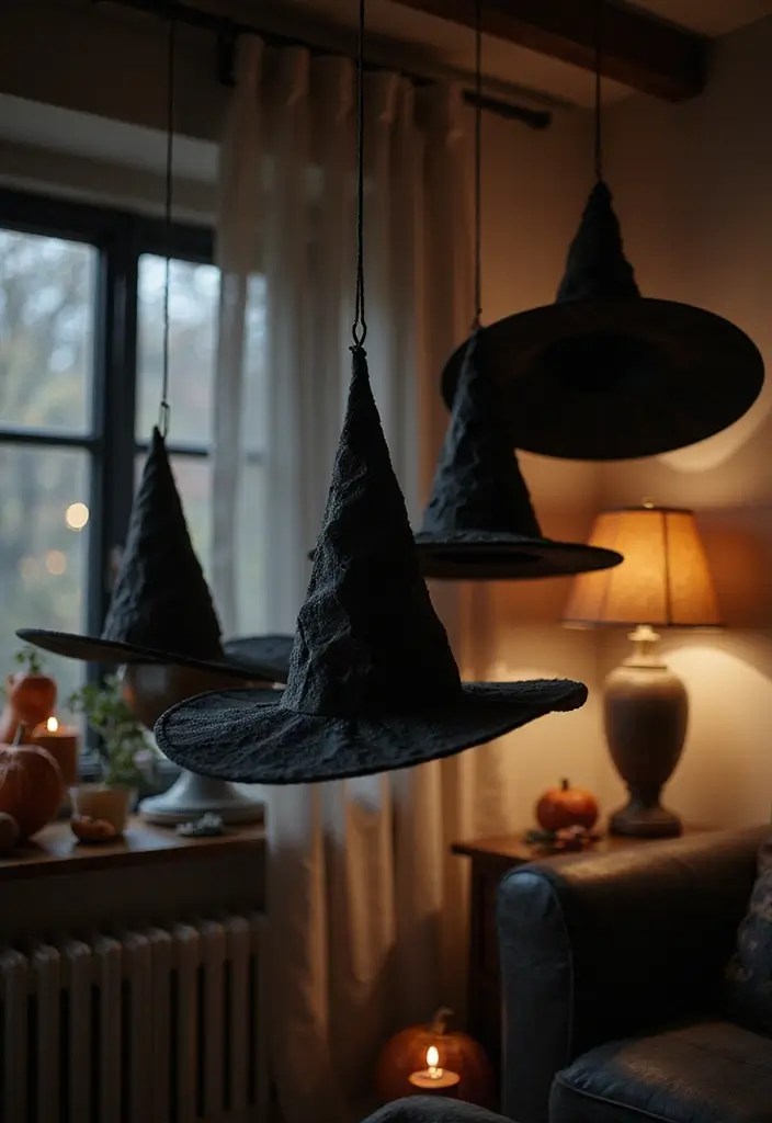 15 Hauntingly Beautiful Halloween Party Decorations You Can DIY This Fall (Check Out #5!) - 11. Floating Witch Hats
