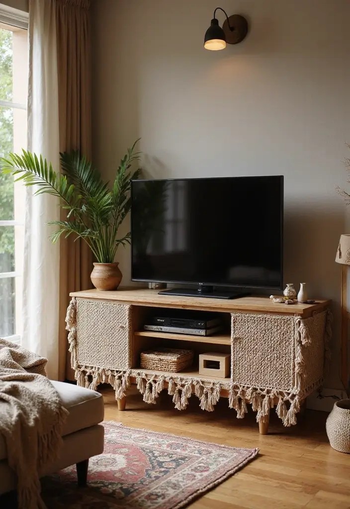 9 DIY TV Cabinet Ideas That Make Styling Your Space a Breeze! - 9. Boho Macrame TV Stand