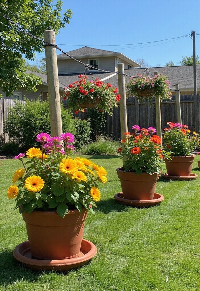DIY Backyard Clothesline Setup That Looks Beautiful & Works Like Magic - 5. Flower Pot Planters at the Base