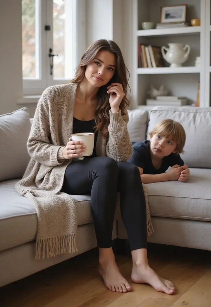 Minimalist Wardrobe for Moms: 7 Looks from 5 Pieces (Outfit Cheat Sheet!) - 3. Trendy Cardigan + Fitted Leggings