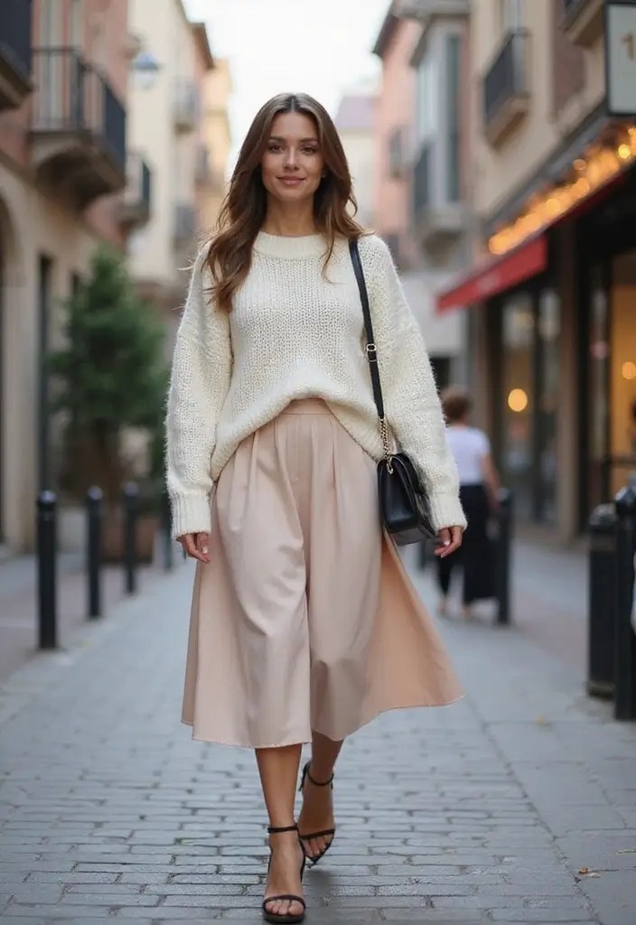 Minimalist Wardrobe for Moms: 7 Looks from 5 Pieces (Outfit Cheat Sheet!) - 4. Chic Sweater + Midi Skirt