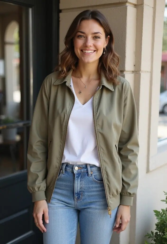 Minimalist Wardrobe for Moms: 7 Looks from 5 Pieces (Outfit Cheat Sheet!) - 5. Lightweight Jacket + Classic Jeans