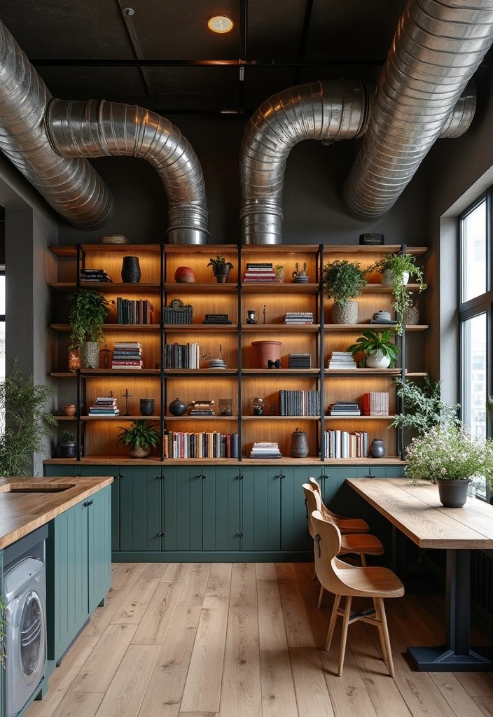 9 Creative Ways to Turn Exposed Ducts into Chic Home Decor Features - 6. Integrate Shelving Units