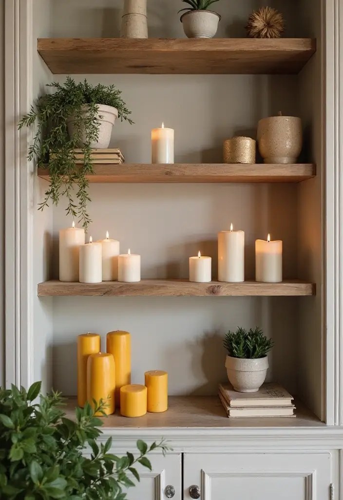 16 Enchanting Candle Lighting Ideas for an Irresistibly Romantic Home (You’ll Be Spellbound by #7!) - 11. Candle Decor on Shelves