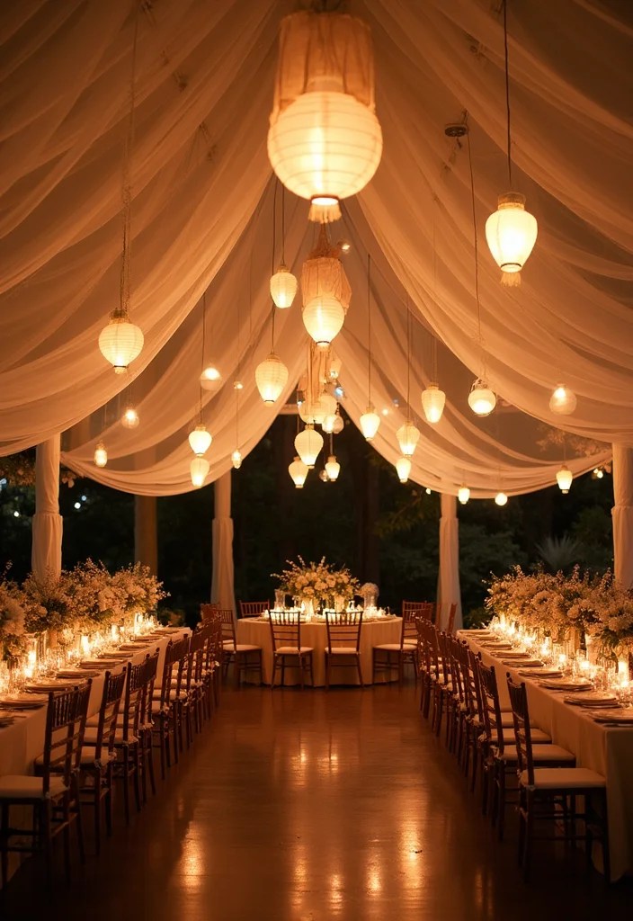 12 DIY Ceiling Draping Hacks to Create a Stunning Wedding Look on a Budget! - 3. Floating Lanterns and Drapes 1