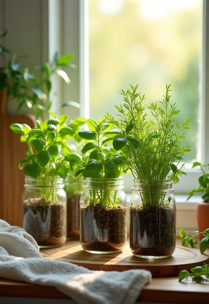 12 Stunning Green Decor DIYs You Can Create for a Fresh and Vibrant Home! - 4. Herb Garden in Glass Jars 1