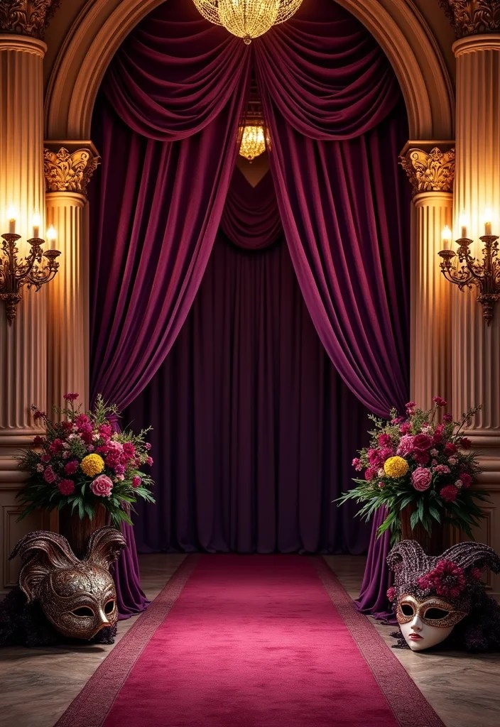15 Luxurious Masquerade Decor Touches for a Glamorous Affair (You’ll Want #7!) - 1. Grand Entrance With Dramatic Drapery 1