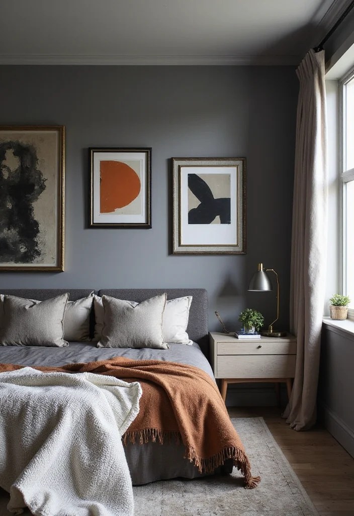 Bedroom Wall Decor Ideas by Wall Color: Frames, Stickers & Showpieces That Match Perfectly - 7. Chic Grays: Elegant Frames and Contemporary Art 1