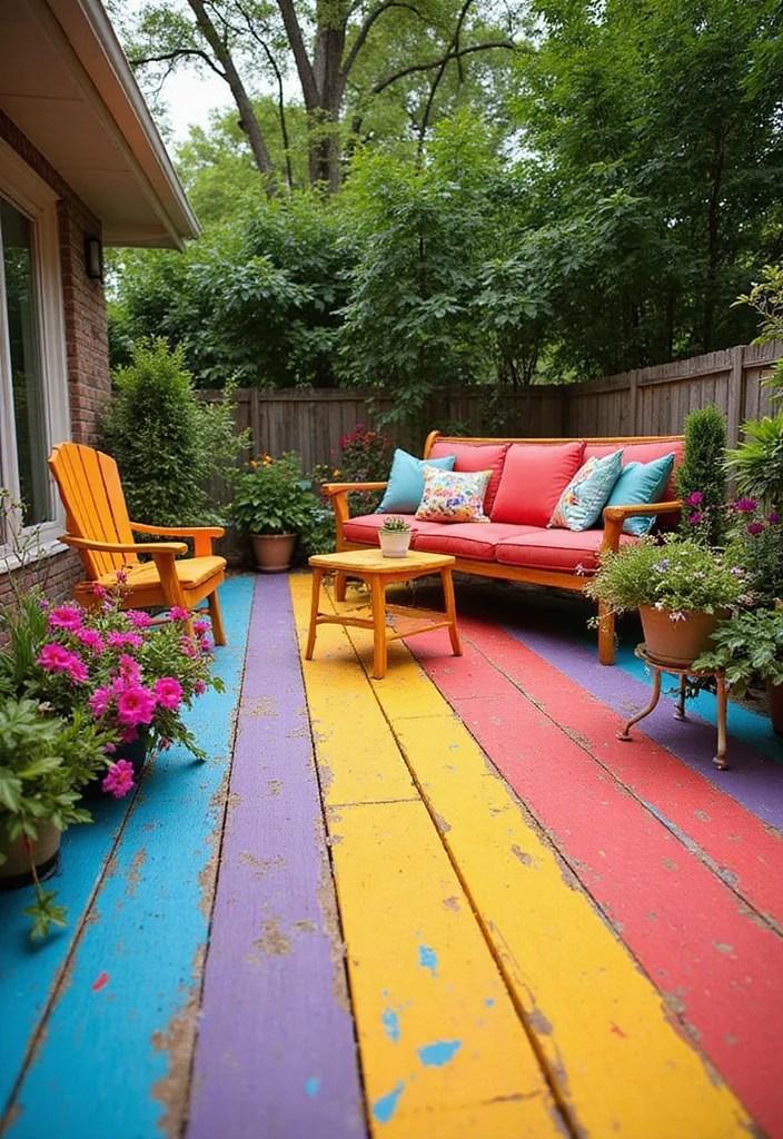14 Ground Level Deck Ideas That'll Blend Seamlessly with Your Garden Paradise! - 10. Colorful Painted Deck 1