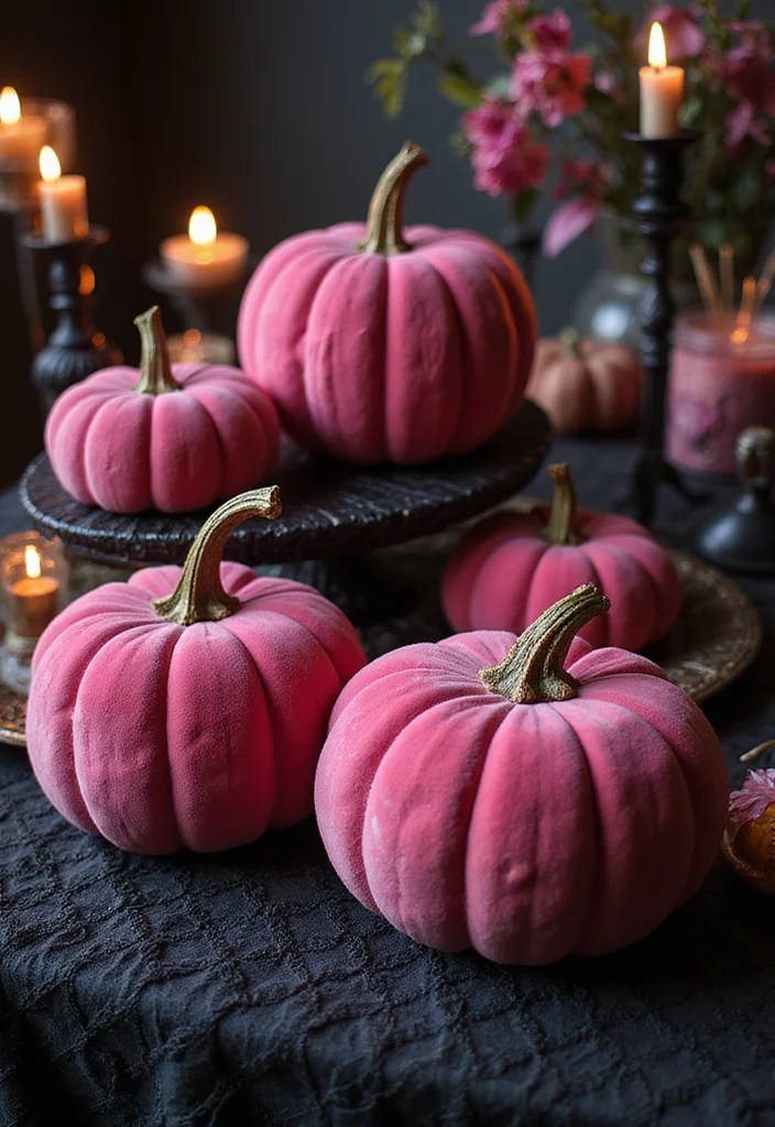 13 Gothic Glam Pink Halloween Decor Trends That Will Elevate Your Spooky Style! - 1. Pink Velvet Pumpkins 1