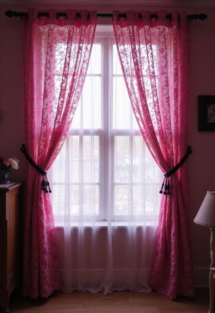 13 Gothic Glam Pink Halloween Decor Trends That Will Elevate Your Spooky Style! - 11. Pink Gothic Lace Curtains 1