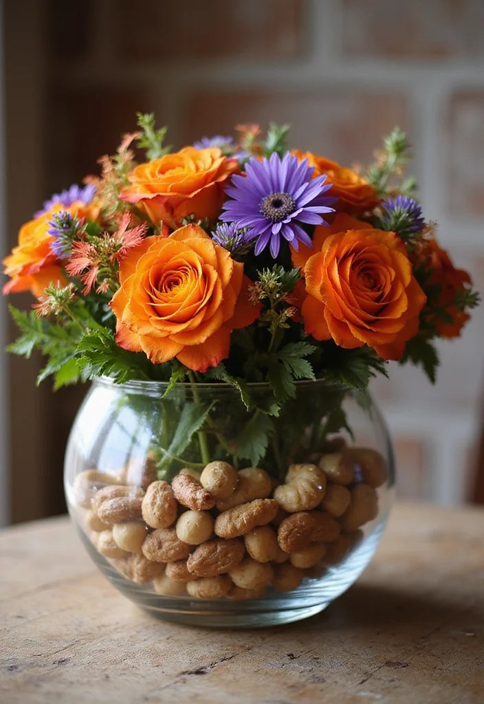 Thanksgiving Centerpieces Using Grocery Store Flowers - 10. Seasonal Nut and Flower Centerpiece 1