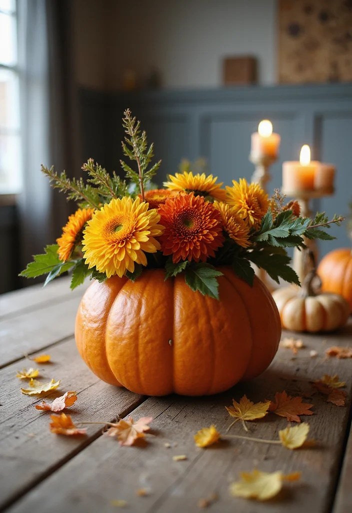 Thanksgiving Centerpieces Using Grocery Store Flowers - 5. Pumpkin Floral Arrangement 1