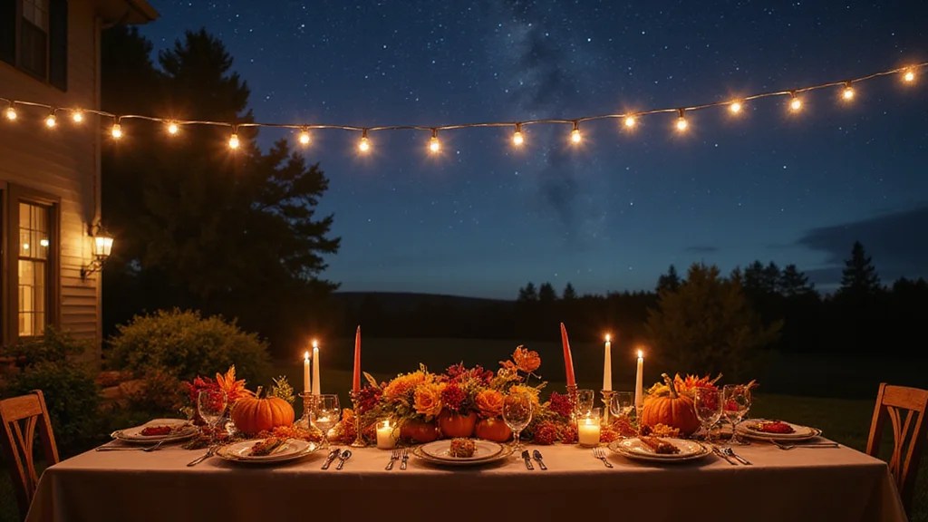 Thanksgiving Under the Stars: Create an Enchanting Outdoor Table with String Lights and Candles!