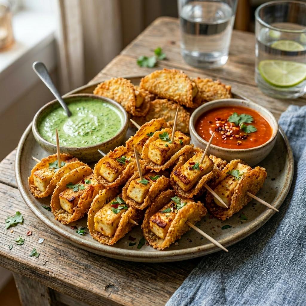 Plate of crispy fried bite-sized snacks with green chutney and red sauce dips
