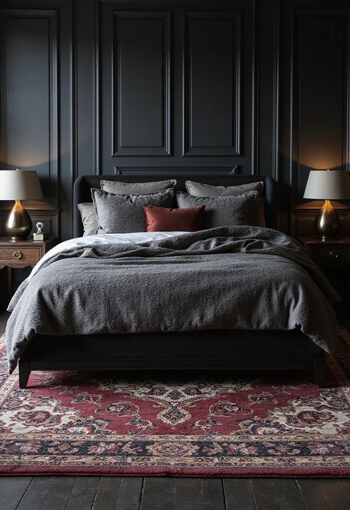 Transform Your Space: 10 Black Nouveau Bedroom Ideas That Scream Luxury! - 5. Luxurious Rugs Underfoot 1