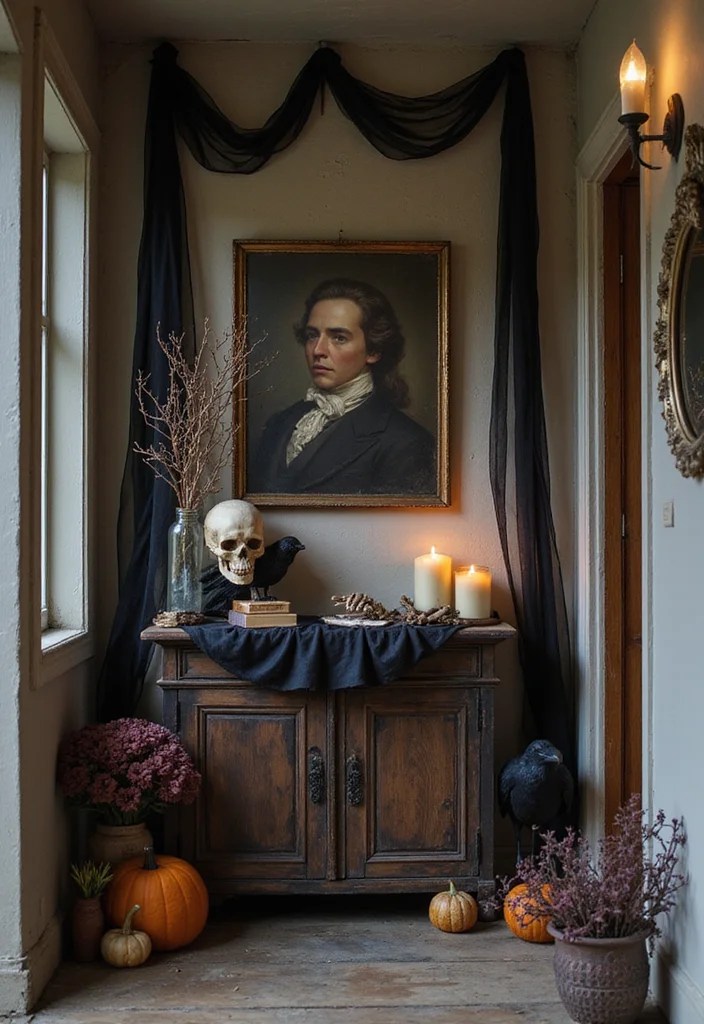 10 Scary Halloween Decor Ideas for an Affordable Vintage-Inspired Haunted Home - 1. Create a Haunted Entryway with a Thrifted Portrait 1