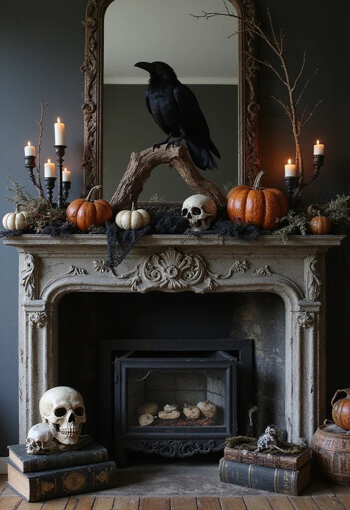 10 Scary Halloween Decor Ideas for an Affordable Vintage-Inspired Haunted Home - 2. Turn the Mantel into a Candlelit Raven Display 1