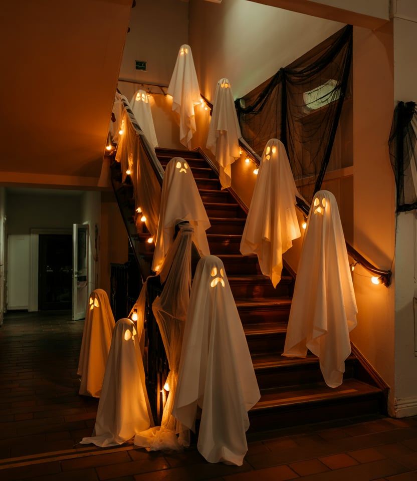 10 Scary Halloween Decor Ideas for an Affordable Vintage-Inspired Haunted Home - 3. Make the Staircase Creepier with Paper Bats and Cobwebs 1