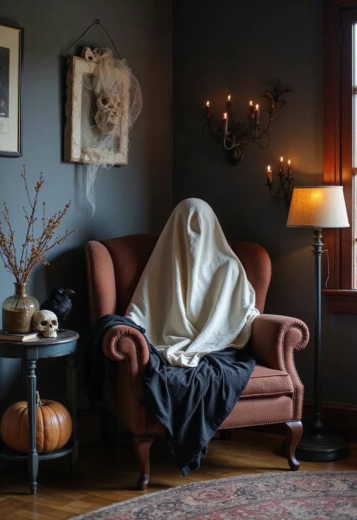 10 Scary Halloween Decor Ideas for an Affordable Vintage-Inspired Haunted Home - 5. Build a Ghostly Living Room Corner with Black Fabric 1